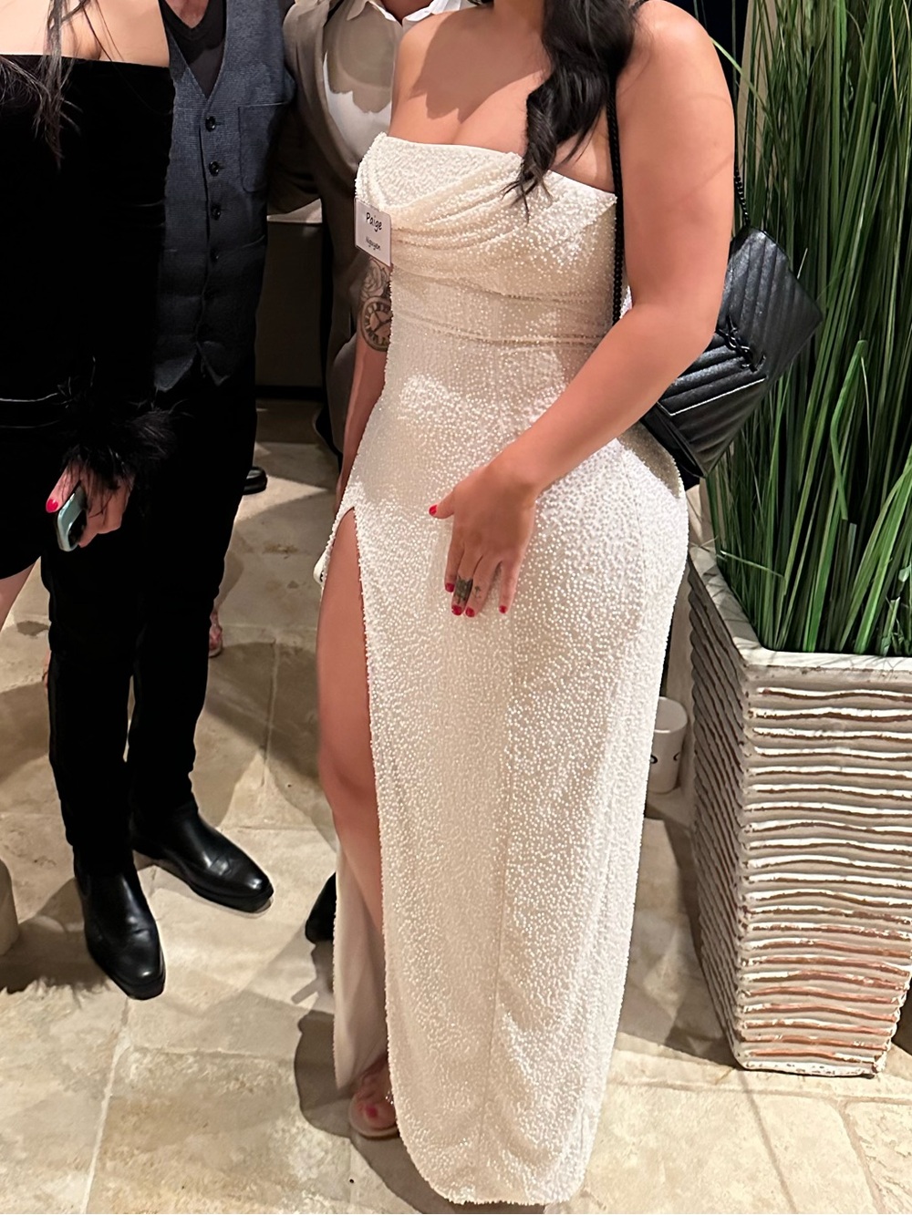Oh Polly Ivory Strapless Sequin Split Maxi Dress